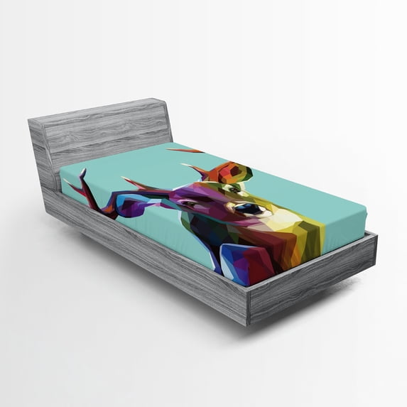 Ambesonne Colorful Fitted Sheet, Retro Low Poly Deer, Twin Size, Multicolor