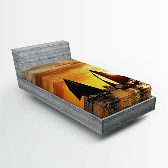Ambesonne Colorful Fitted Sheet, Romantic Sunset Sail, Twin Size, Marigold Dark Orange