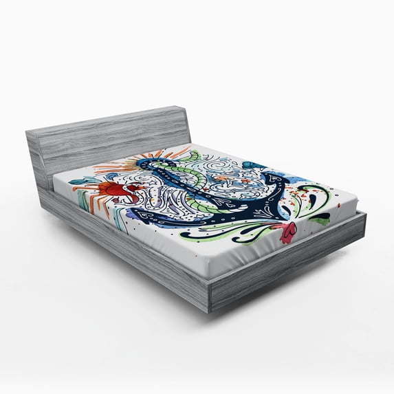 Ambesonne Colorful Fitted Sheet, Ship Anchor with Sun, Queen Size, Multicolor