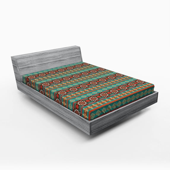 Ambesonne Colorful Fitted Sheet, Sign Motif, Queen Size, Coral Teal and Brown