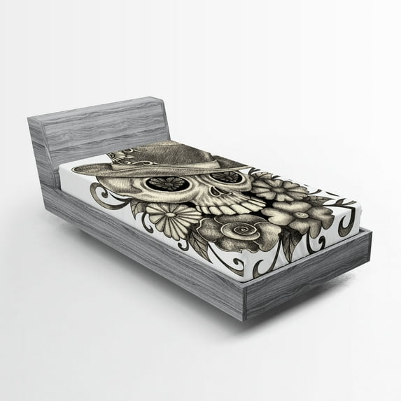 Ambesonne Colorful Fitted Sheet, Sketch Mexican, Twin XL Size, Dimgrey and White