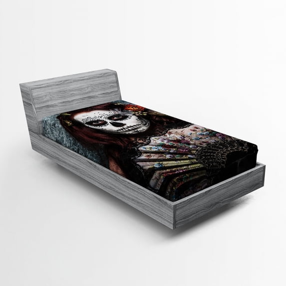 Ambesonne Colorful Fitted Sheet, Skull Scary, Twin Size, Cadet Blue Maroon