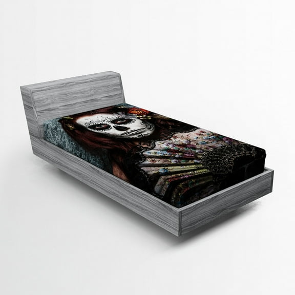 Ambesonne Colorful Fitted Sheet, Skull Scary, Twin Size, Cadet Blue Maroon