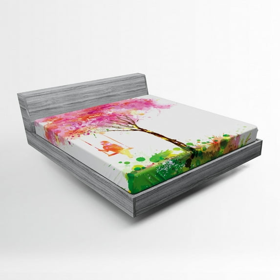 Ambesonne Colorful Fitted Sheet, Spring Blossoming Tree, Full Size, Multicolor