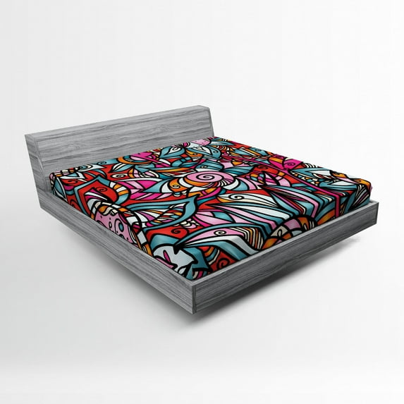 Ambesonne Colorful Fitted Sheet, Stained Glass Style Flower, Full Size, Multicolor