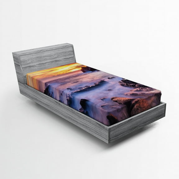 Ambesonne Colorful Fitted Sheet, Sunrise Halona Beach, Twin Size, Yellow Orange Purple