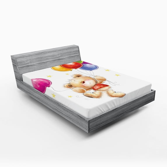 Ambesonne Colorful Fitted Sheet, Teddy Bear with Baloon, Full Size, Multicolor