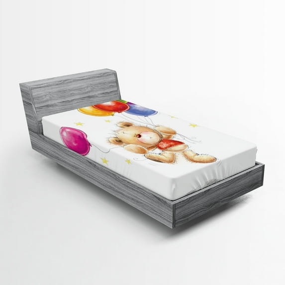 Ambesonne Colorful Fitted Sheet, Teddy Bear with Baloon, Twin XL Size, Multicolor