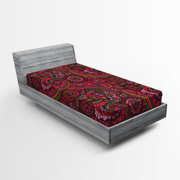 Ambesonne Colorful Fitted Sheet, Traditional Art, Twin XL Size, Dark Coral Orange Green