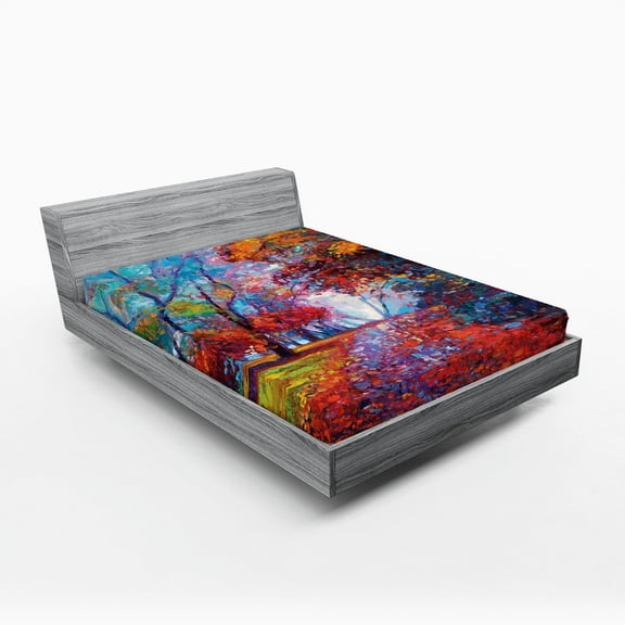 Ambesonne Colorful Fitted Sheet, Trees Park Fall Autumn, Queen Size, Multicolor
