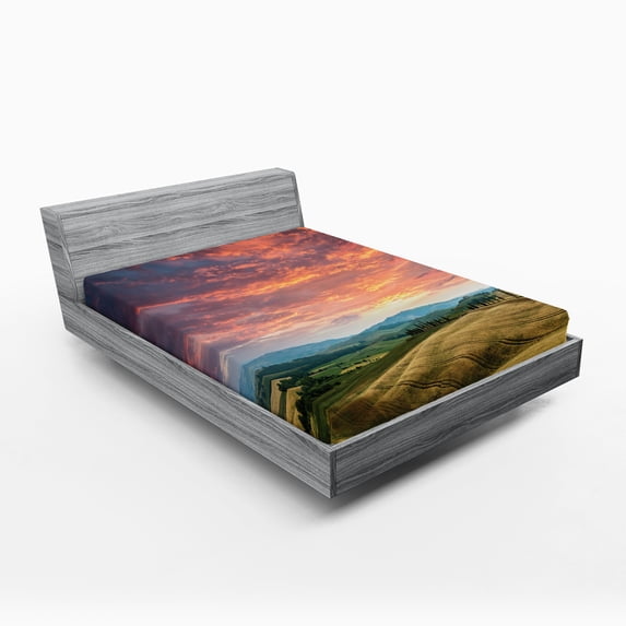 Ambesonne Colorful Fitted Sheet, Tuscany Cypress Trees, Queen Size, Vermilion Khaki