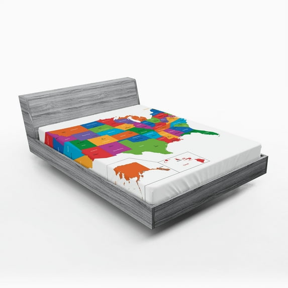 Ambesonne Colorful Fitted Sheet, USA Map with States, Full Size, Multicolor