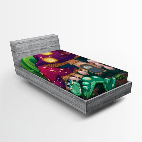 Ambesonne Colorful Fitted Sheet, Worm Mushroom House, Twin Size, Multicolor