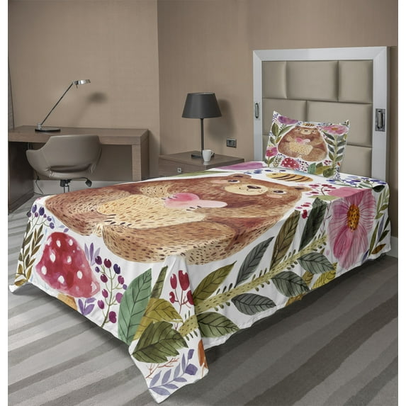 Ambesonne Colorful Fitted & Top Sheet Set with Sham, Bear with Flowers, Multicolor