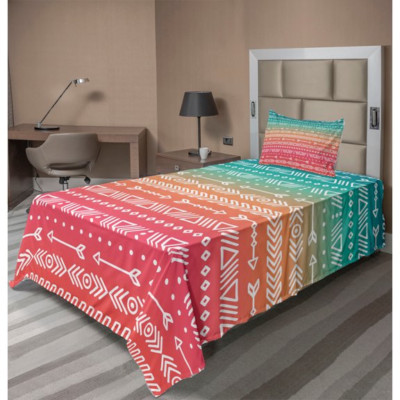 Ambesonne Colorful Fitted & Top Sheet Set with Sham, Bohemian Native Arrow, Multicolor