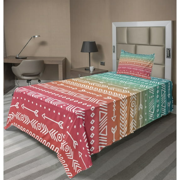 Ambesonne Colorful Fitted & Top Sheet Set with Sham, Bohemian Native Arrow, Multicolor