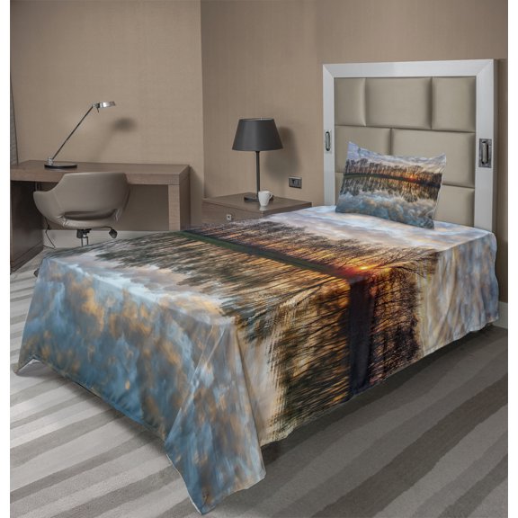 Ambesonne Colorful Fitted & Top Sheet Set with Sham, Boho Sunset, Multicolor