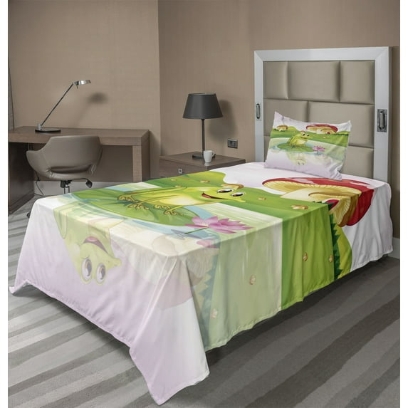 Ambesonne Colorful Fitted & Top Sheet Set with Sham, Frog on Water Lily Art, Multicolor