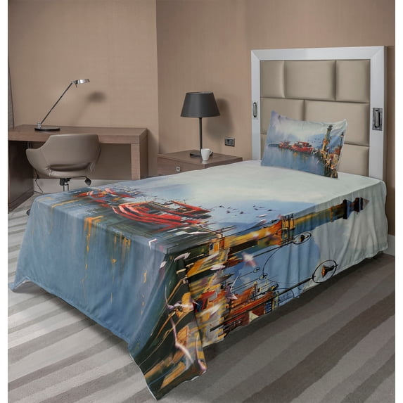 Ambesonne Colorful Fitted & Top Sheet Set with Sham, Harbor Boats and Birds, Multicolor