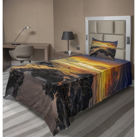 Ambesonne Colorful Fitted & Top Sheet Set with Sham, Majestic Sunrise Sky, Blue Orange Cream