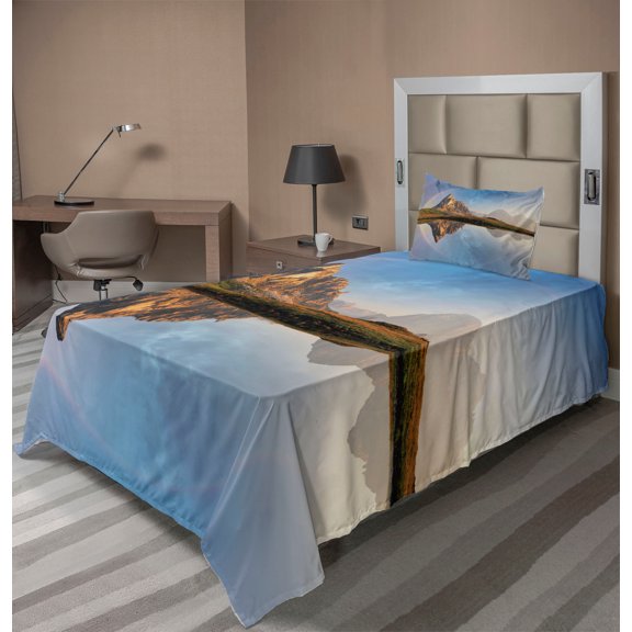 Ambesonne Colorful Fitted & Top Sheet Set with Sham, Rainbow over Mountain, Multicolor