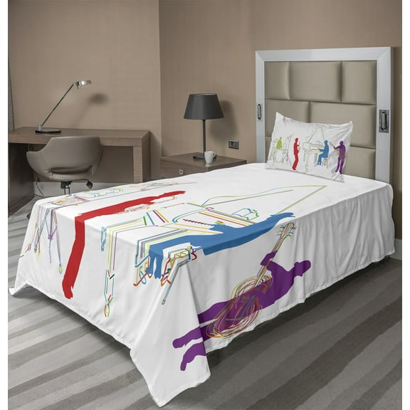 Ambesonne Colorful Fitted & Top Sheet Set with Sham, Retro Jazz Band Music, Multicolor