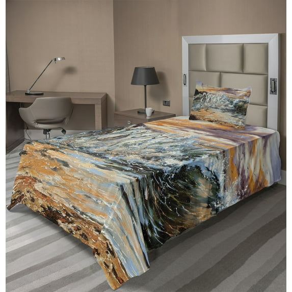 Ambesonne Colorful Fitted & Top Sheet Set with Sham, Retro Surreal Horses, Multicolor