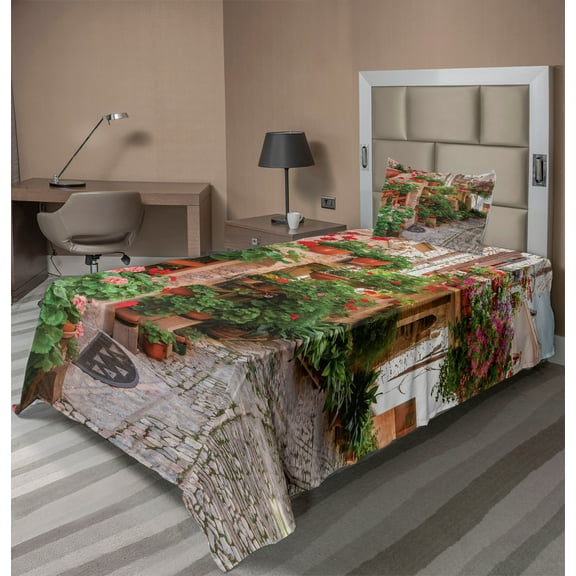 Ambesonne Colorful Fitted & Top Sheet Set with Sham, Small Medieval Town, Multicolor