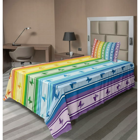 Ambesonne Colorful Fitted & Top Sheet Set with Sham, Stripe Rainbow Pattern, Multicolor