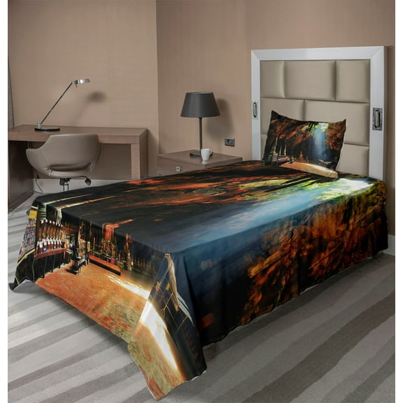Ambesonne Colorful Fitted & Top Sheet Set with Sham, Tham Khao Luang Cave, Multicolor