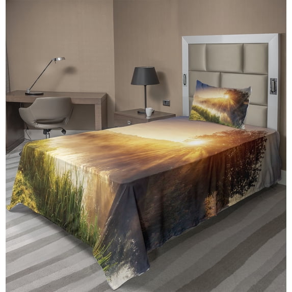 Ambesonne Colorful Fitted & Top Sheet Set with Sham, Tree Ukraine Rural, Multicolor