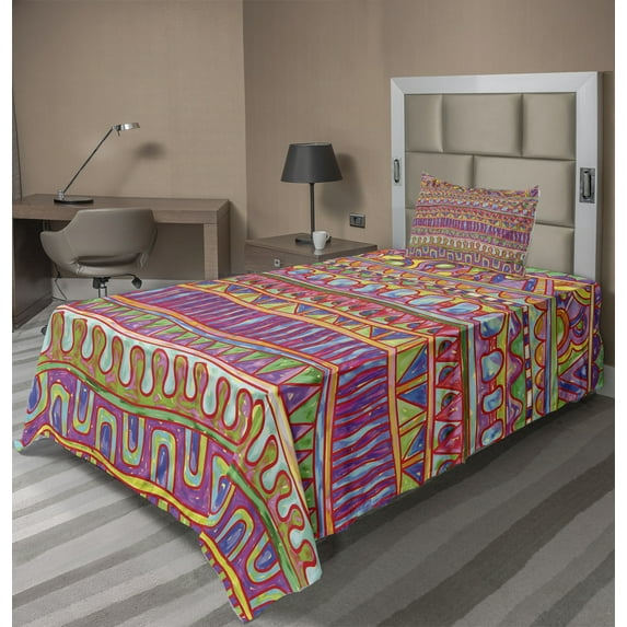 Ambesonne Colorful Fitted & Top Sheet Set with Sham, Watercolor Motif, Multicolor