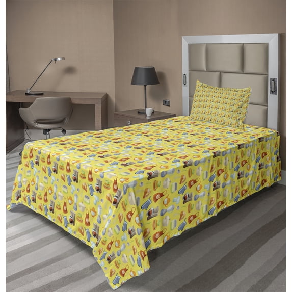Ambesonne Colorful Fitted & Top Sheet Set with Sham, Yellow Kitchenware, Multicolor