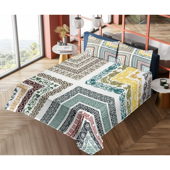 Ambesonne Colorful Fitted & Top Sheet Set with Shams, Antique Swirls, Multicolor