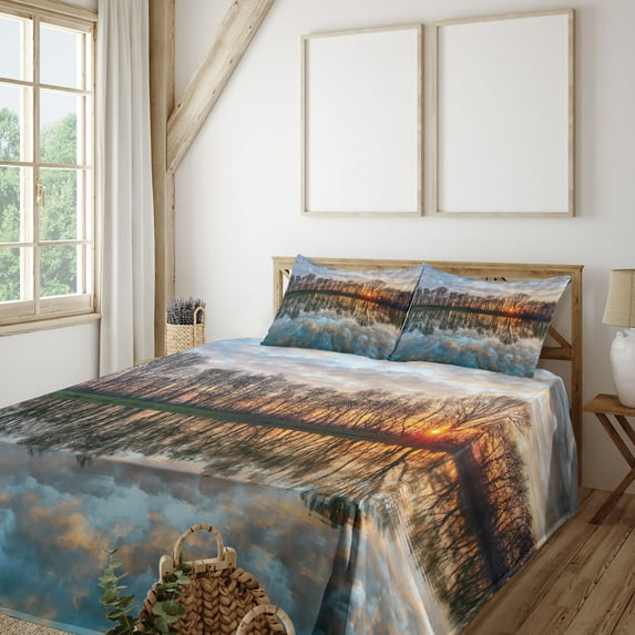 Ambesonne Colorful Fitted & Top Sheet Set with Shams, Boho Sunset, Multicolor