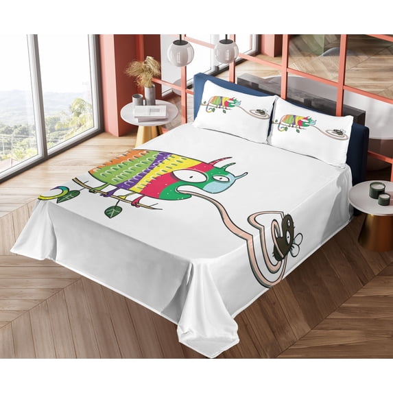 Ambesonne Colorful Fitted & Top Sheet Set with Shams, Chameleon on Branch, Multicolor
