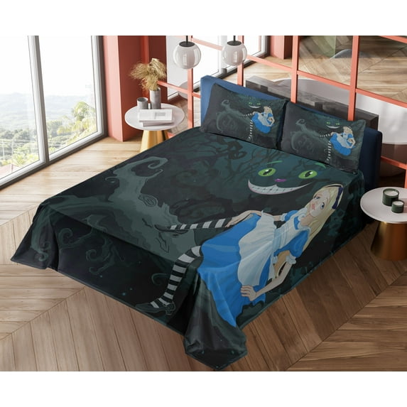 Ambesonne Colorful Fitted & Top Sheet Set with Shams, Cheshire Cat in Forest, Multicolor