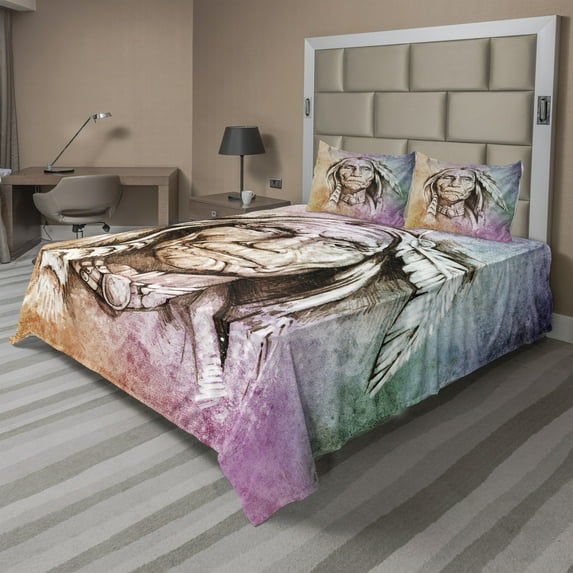 Ambesonne Colorful Fitted & Top Sheet Set with Shams, Chief Portrait, Multicolor