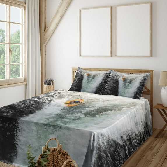 Ambesonne Colorful Fitted & Top Sheet Set with Shams, Cliffs Waterfall Canoe, Multicolor