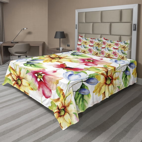 Ambesonne Colorful Fitted & Top Sheet Set with Shams, Country Art, Multicolor