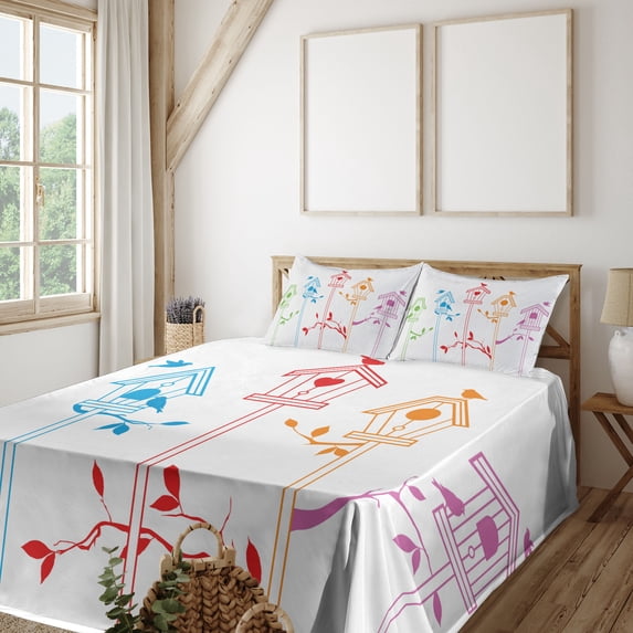 Ambesonne Colorful Fitted & Top Sheet Set with Shams, Flying Bird Nest Roof, Multicolor