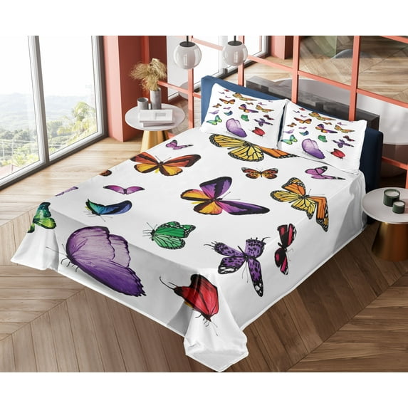 Ambesonne Colorful Fitted & Top Sheet Set with Shams, Flying Butterflies, Multicolor