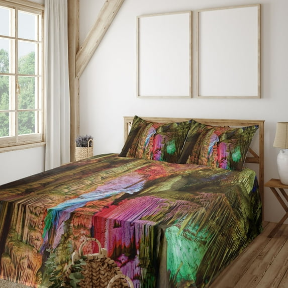 Ambesonne Colorful Fitted & Top Sheet Set with Shams, Geologic Cistern Rain, Multicolor