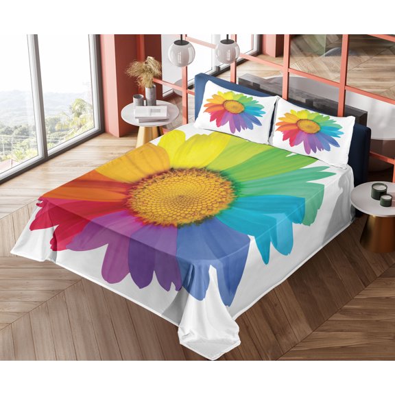 Ambesonne Colorful Fitted & Top Sheet Set with Shams, Hippie Daisy Spring, Multicolor
