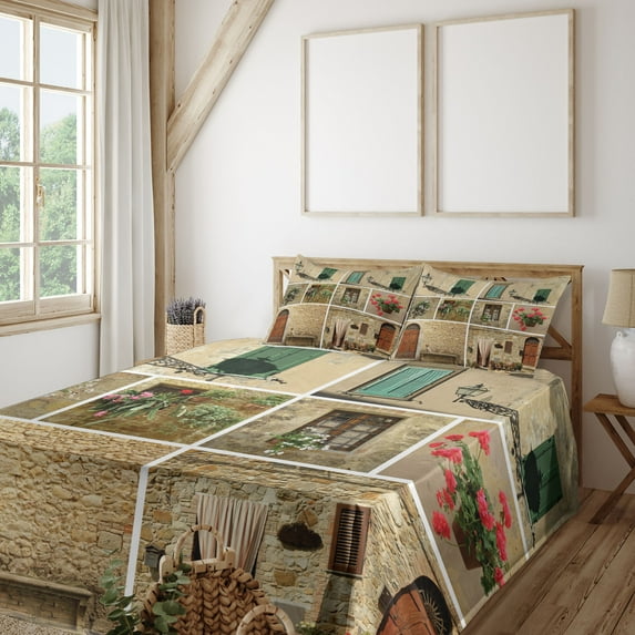 Ambesonne Colorful Fitted & Top Sheet Set with Shams, Italian Stone Houses, Multicolor