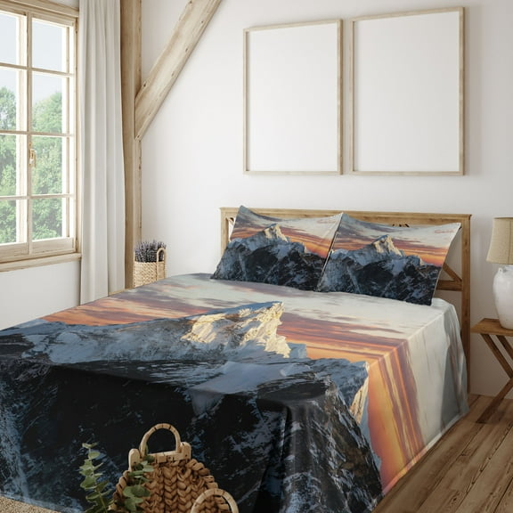 Ambesonne Colorful Fitted & Top Sheet Set with Shams, Mountain Nepal Everest, Multicolor
