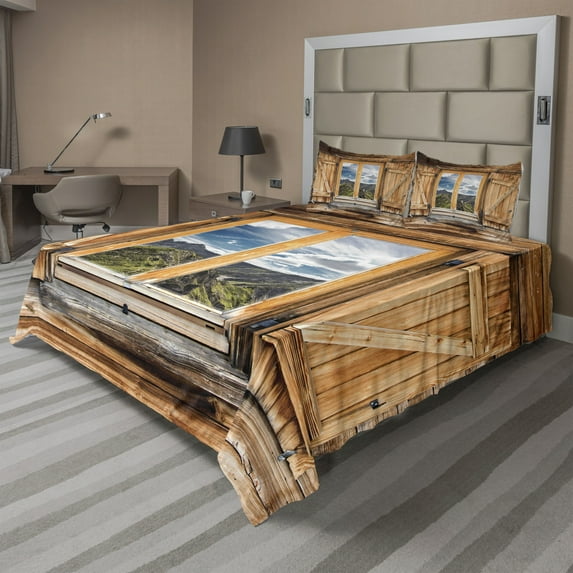 Ambesonne Colorful Fitted & Top Sheet Set with Shams, Mountains and Valleys, Multicolor