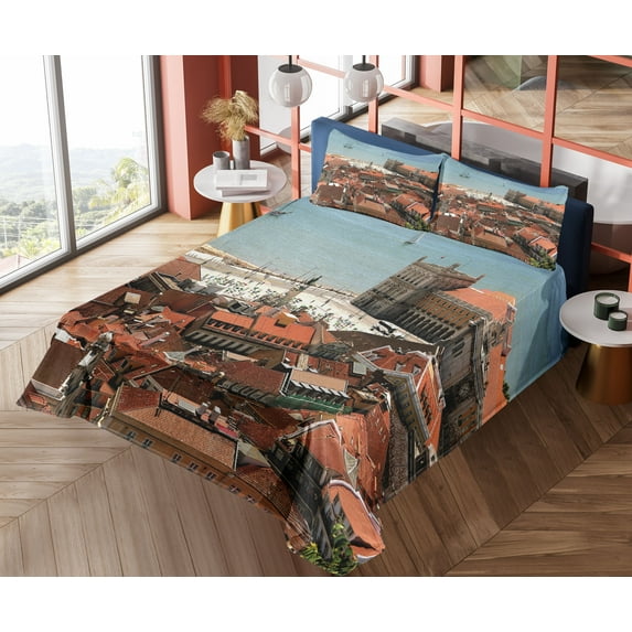 Ambesonne Colorful Fitted & Top Sheet Set with Shams, Nostalgic Lisbon City, Multicolor