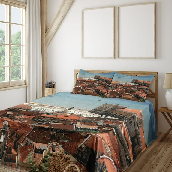 Ambesonne Colorful Fitted & Top Sheet Set with Shams, Nostalgic Lisbon City, Multicolor