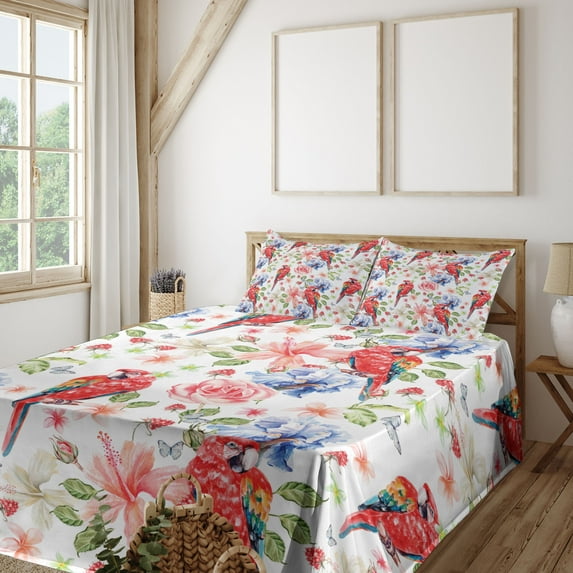 Ambesonne Colorful Fitted & Top Sheet Set with Shams, Parrots Iris and Roses, Multicolor
